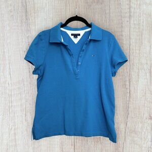 TOMMY HILFIGER Vintage Y2K Turquoise Blue Pique Polo Short Cap Sleeve Shirt M